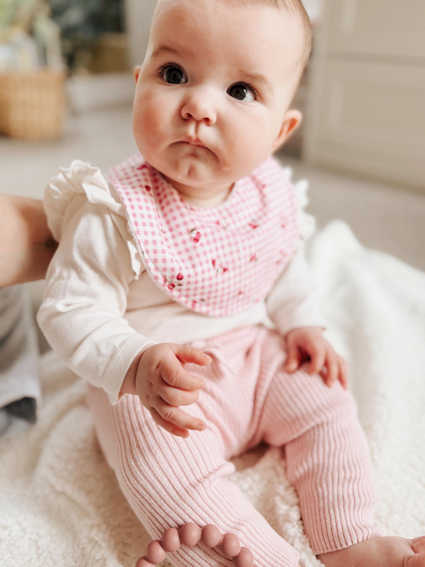 Cherry Pie Dribble Bib – Pink Gingham with Cherries | Handmade Baby Bib with Bamboo Backing