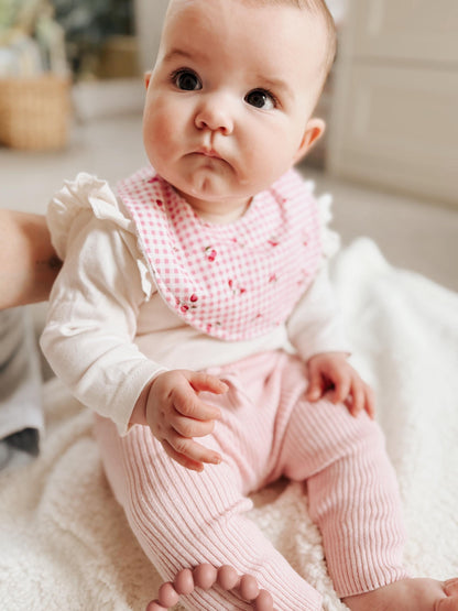 Cherry Pie Dribble Bib – Pink Gingham with Cherries | Handmade Baby Bib with Bamboo Backing