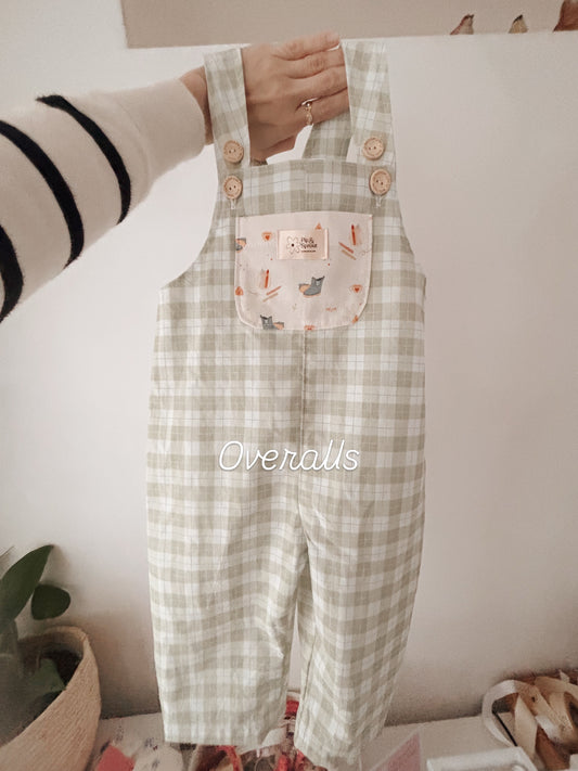 Handmade Organic Cotton Toddler Overalls | Green Gingham
