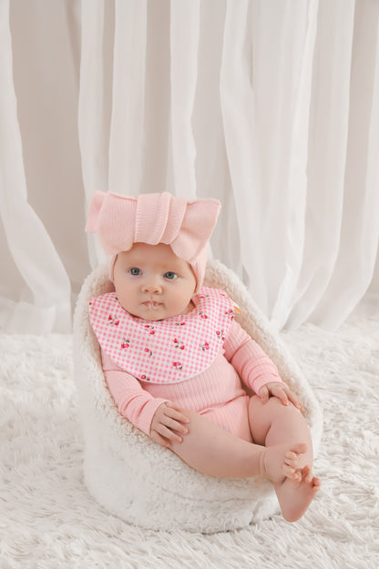 Cherry Pie Dribble Bib – Pink Gingham with Cherries | Handmade Baby Bib with Bamboo Backing