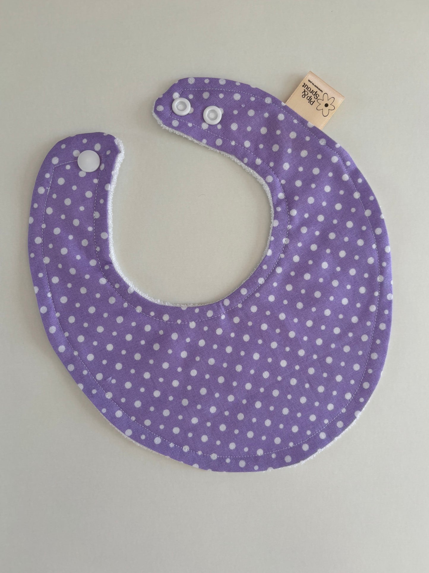 Dottie on Lilac Lane Dribble Bib – Purple Cat Bib | Handmade Baby Bib with Bamboo Backing