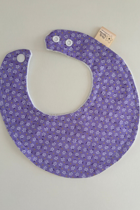 Bloom on Lilac Lane Dribble Bib – Purple Cat Bib | Handmade Baby Bib with Bamboo Backing