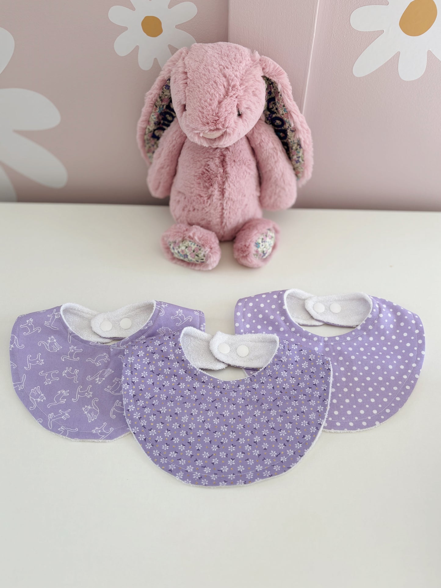 Dottie on Lilac Lane Dribble Bib – Purple Cat Bib | Handmade Baby Bib with Bamboo Backing