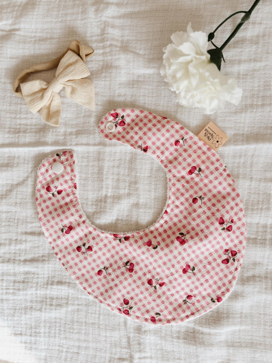 Cherry Pie Dribble Bib – Pink Gingham with Cherries | Handmade Baby Bib with Bamboo Backing