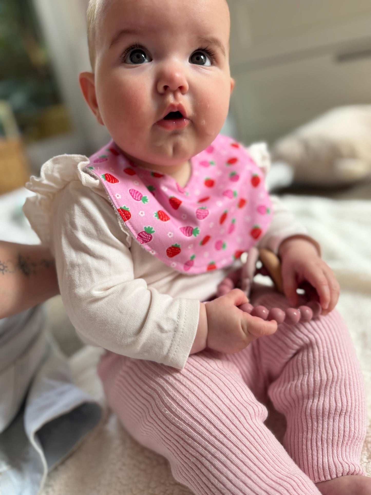 Berry Sweet Dribble Bib – Strawberry Print | Handmade Baby Bib with Bamboo Backing